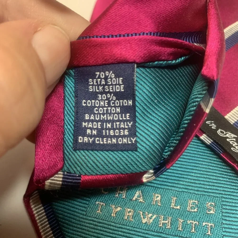 Charles Tyrwhitt Silk Cotton Tie Pink Striped Italy Designer 58”X3.25” Business
